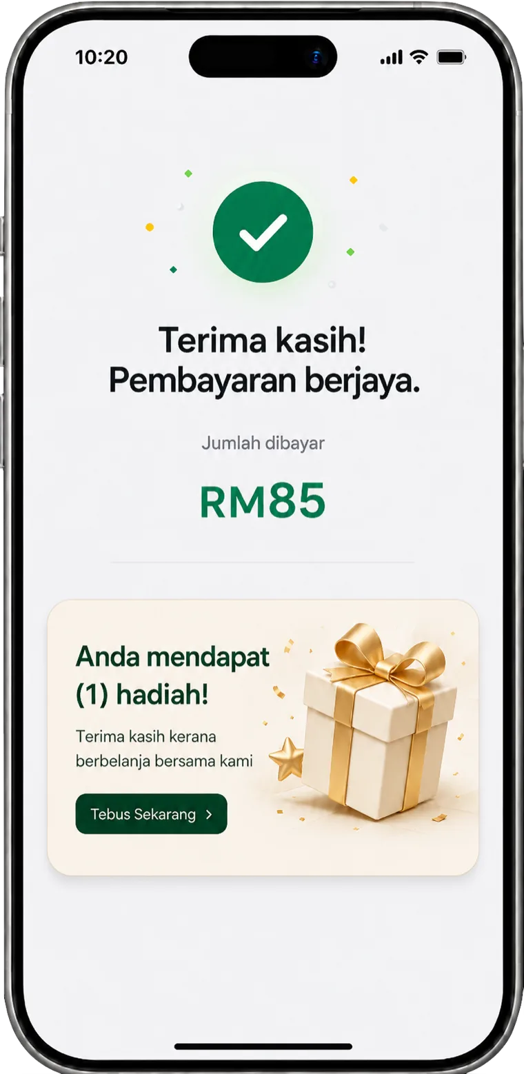 A payment confirmation screen with a gift banner that reads: you've earned one gift.